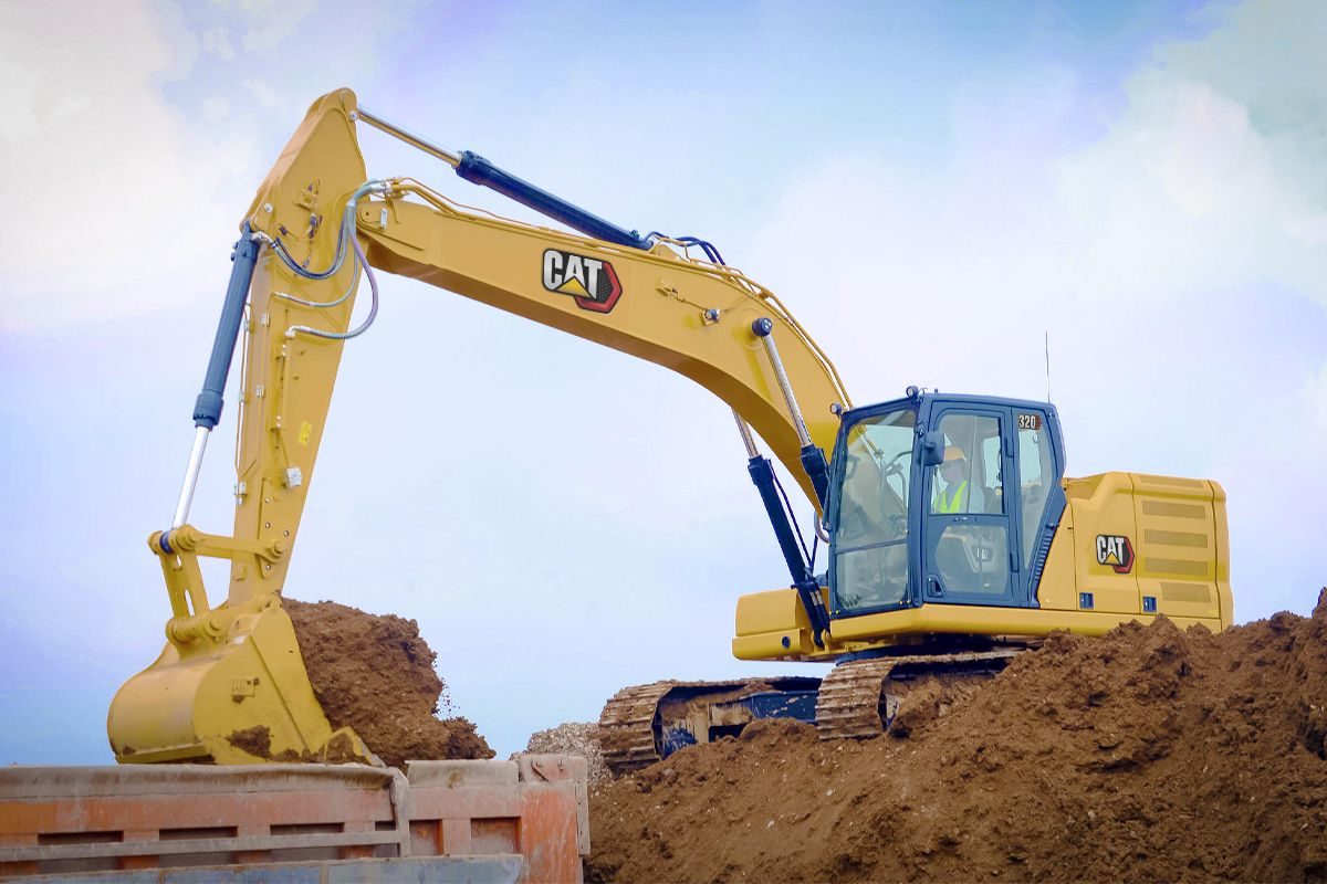 Modern CAT hydraulic excavator on a construction site